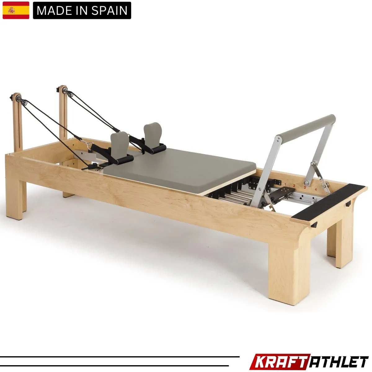 "Elina Pilates Wooden Reformer Physio with adjustable resistance for rehab & professional Pilates training."