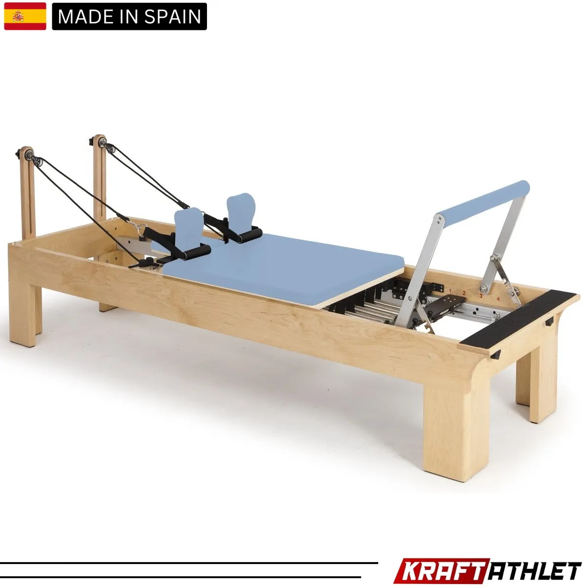 "Elina Pilates Wooden Reformer Physio with adjustable resistance for rehab & professional Pilates training."
