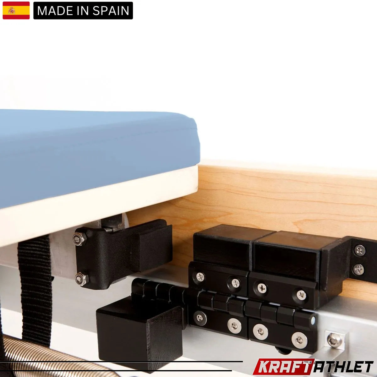 "Elina Pilates Wooden Reformer Physio with adjustable resistance for rehab & professional Pilates training."