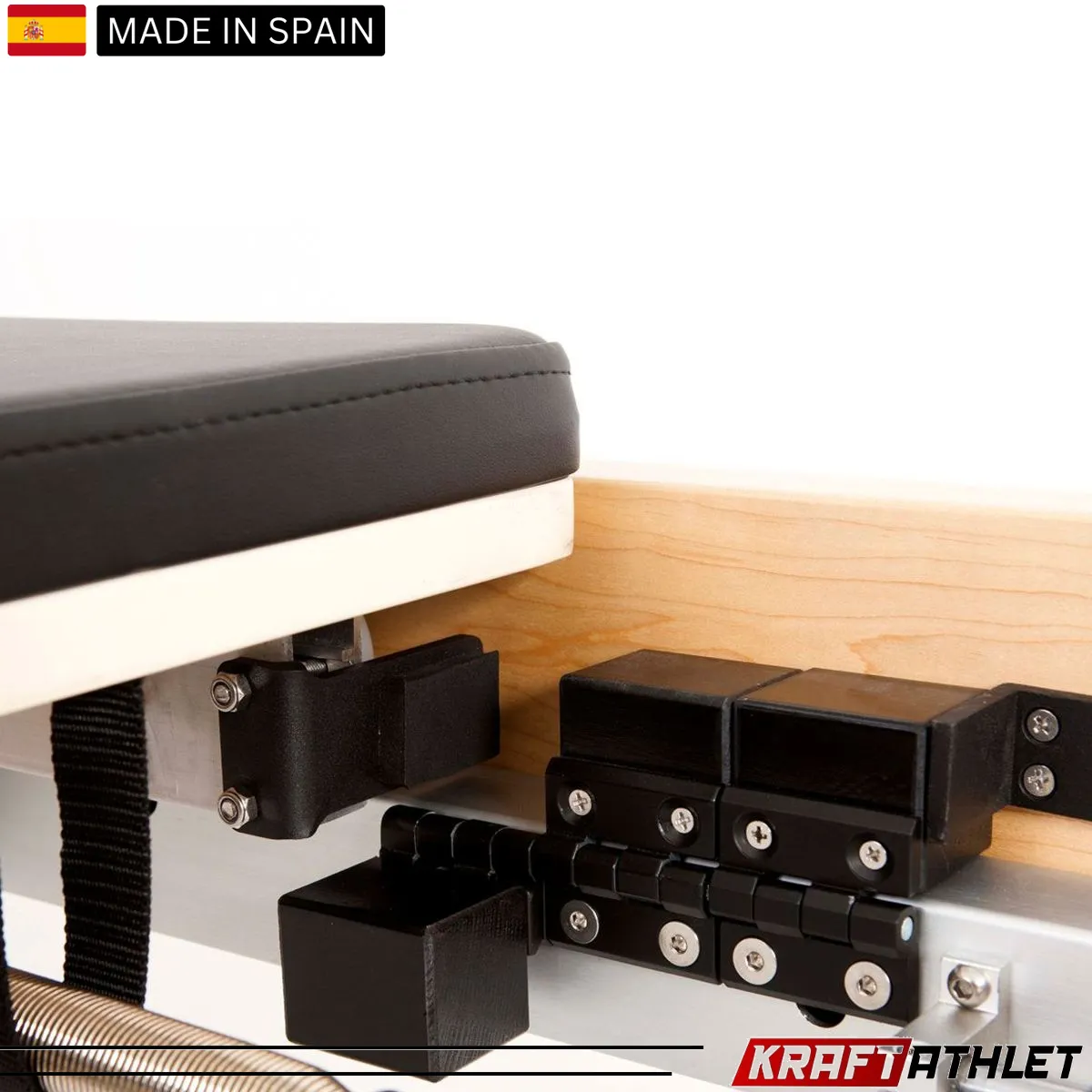 "Elina Pilates Wooden Reformer Physio with adjustable resistance for rehab & professional Pilates training."