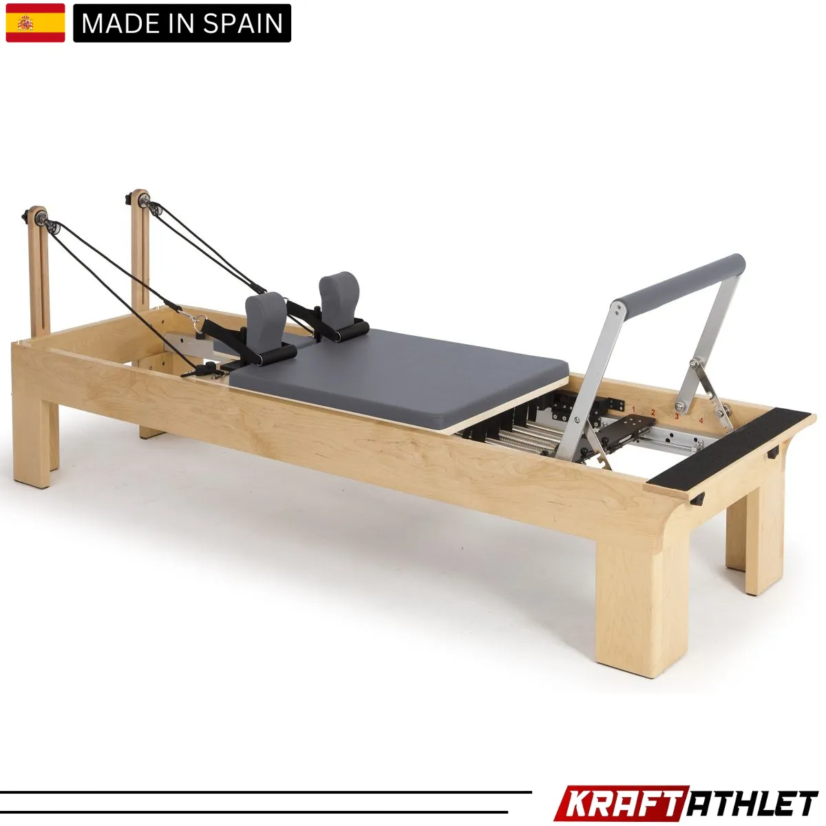 "Elina Pilates Wooden Reformer Physio with adjustable resistance for rehab & professional Pilates training."