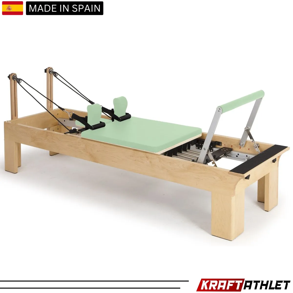 "Elina Pilates Wooden Reformer Physio with adjustable resistance for rehab & professional Pilates training."