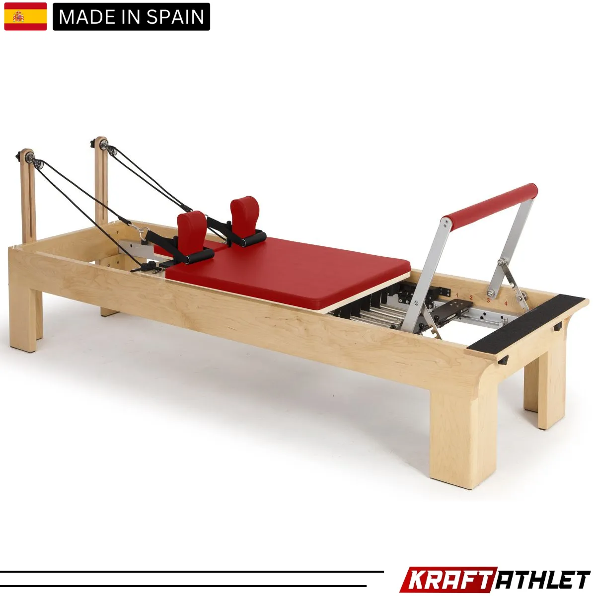 "Elina Pilates Wooden Reformer Physio with adjustable resistance for rehab & professional Pilates training."