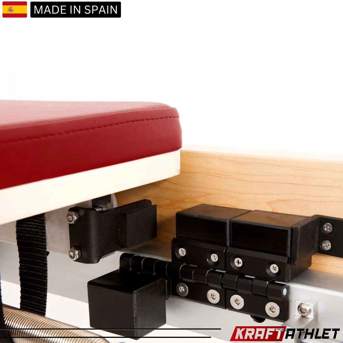 "Elina Pilates Wooden Reformer Physio with adjustable resistance for rehab & professional Pilates training."