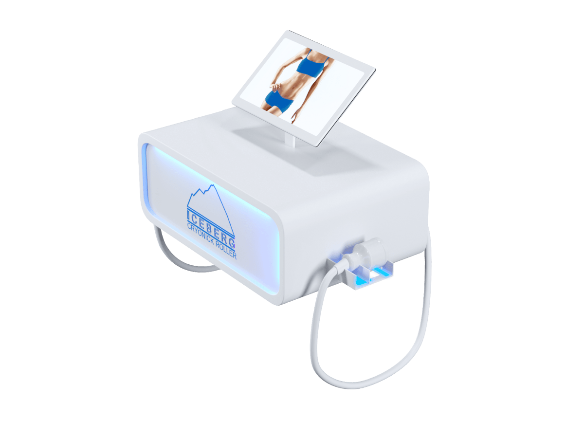 A sleek, black Iceberg Cryonick Roller cryotherapy machine featuring a digital screen displaying a human arm for demonstration. The device is illuminated with blue LED accents, showcasing its modern design and advanced functionality for muscle recovery and cold therapy applications.