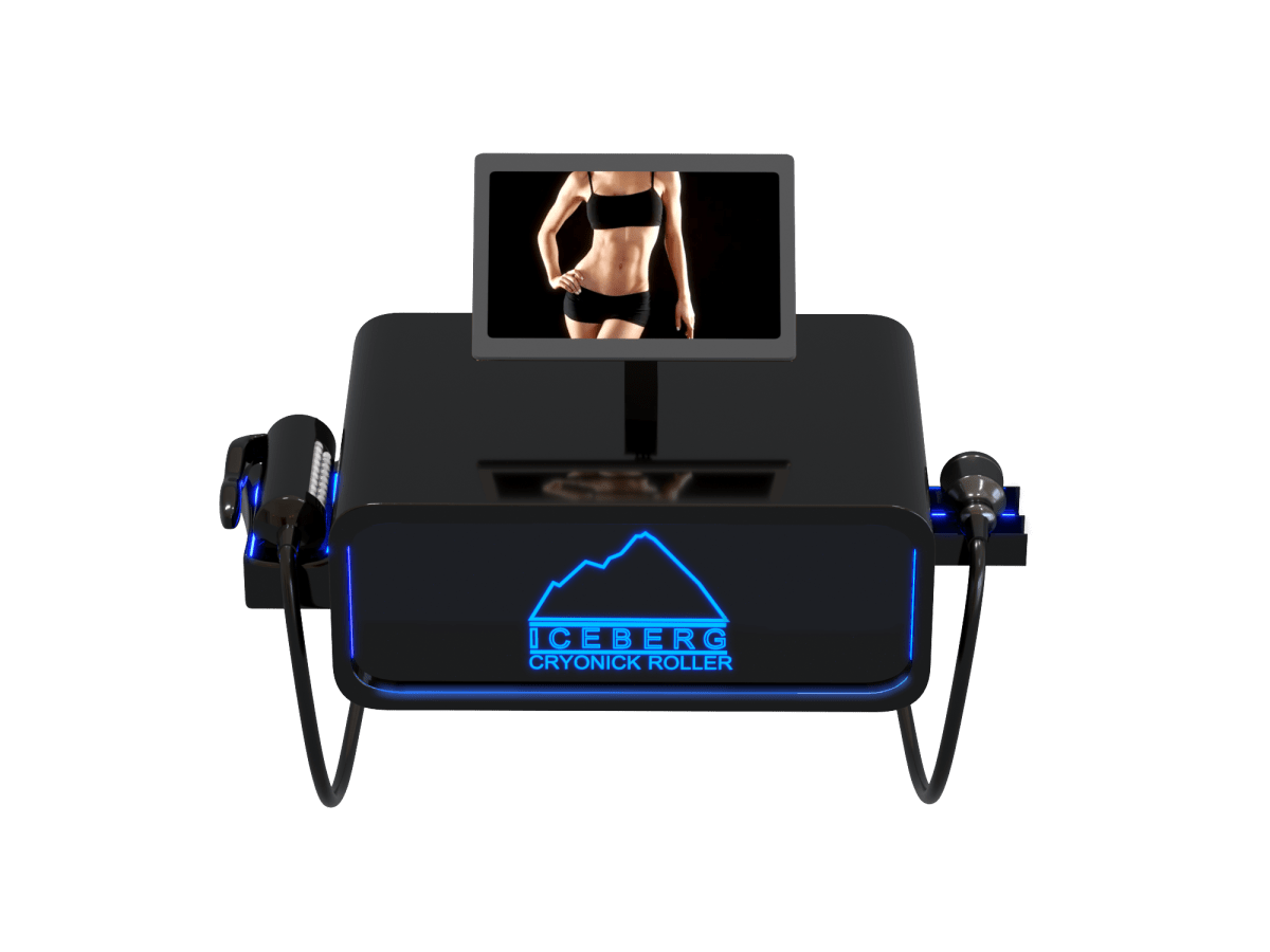 A sleek, black Iceberg Cryonick Roller cryotherapy machine featuring a digital screen displaying a human arm for demonstration. The device is illuminated with blue LED accents, showcasing its modern design and advanced functionality for muscle recovery and cold therapy applications.