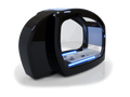 A sleek black rehabilitation chamber with a futuristic design, featuring a large curved glass front with 