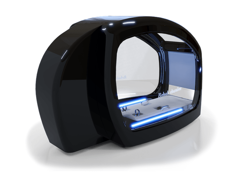 A sleek black rehabilitation chamber with a futuristic design, featuring a large curved glass front with "Rehab chamber" written on it. The interior is illuminated with blue LED lights, showcasing a modern and advanced setup ideal for therapeutic purposes.