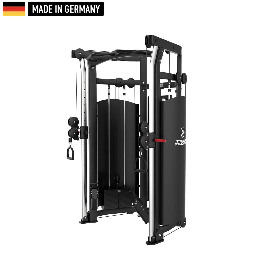 Multifunktionale Seilzugstation der Black Series von Titanium Strength, ausgestattet mit höhenverstellbaren Kabelzügen und robustem Design, ideal für professionelles und semiprofessionelles Training in Fitnessstudios und Physiotherapiezentren.