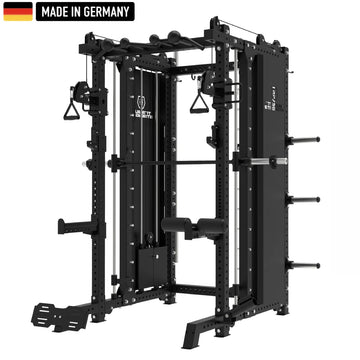 Multifunctional Smith Machine B500 PRO with Dual Pulley and Rack from Titanium Strength, featuring a robust black design, made in Germany. Ideal for professional strength training and versatile workout options