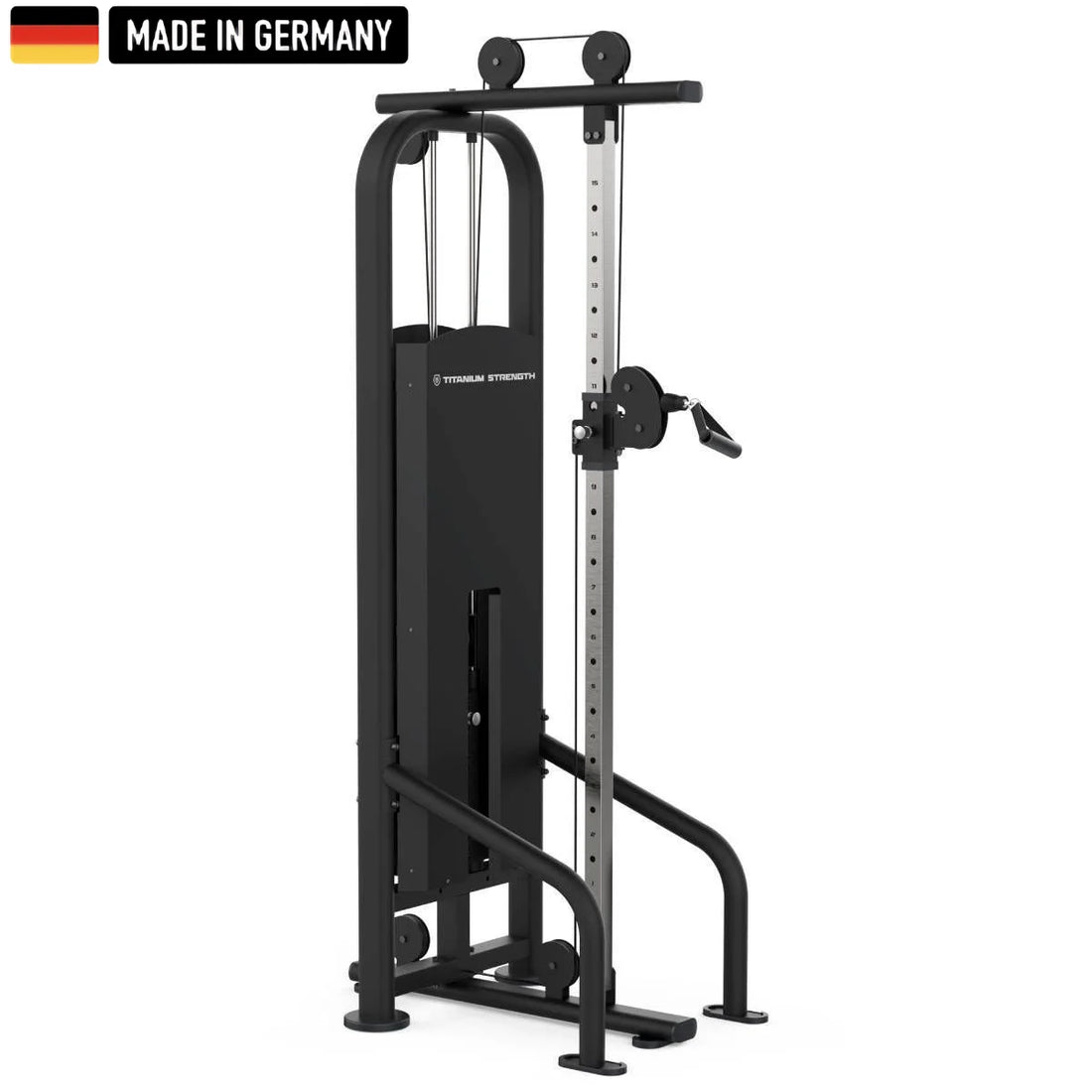 Side view of the Titanium Strength 2-Station Cable Crossover machine, showcasing its sleek black design, adjustable pulley system, and robust construction. A 'Made in Germany' badge is prominently displayed, emphasizing its high-quality craftsmanship