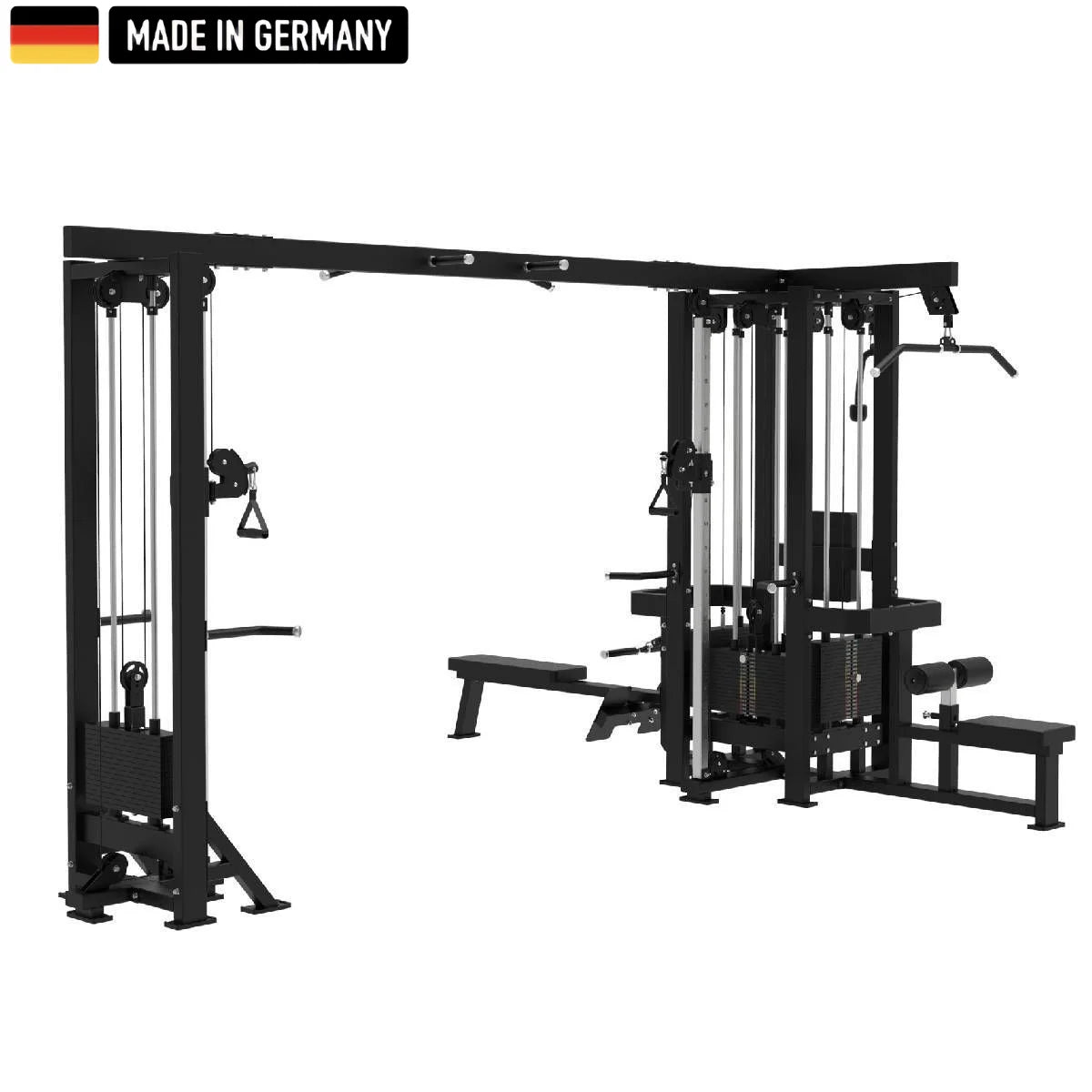 Multifunktionsgerät – 5 Stationen von Titanium Strength, ein professionelles Fitnessgerät für Gruppentrainings mit robustem Design, Klimmzugstangen und mehreren Kraftstationen, Made in Germany.