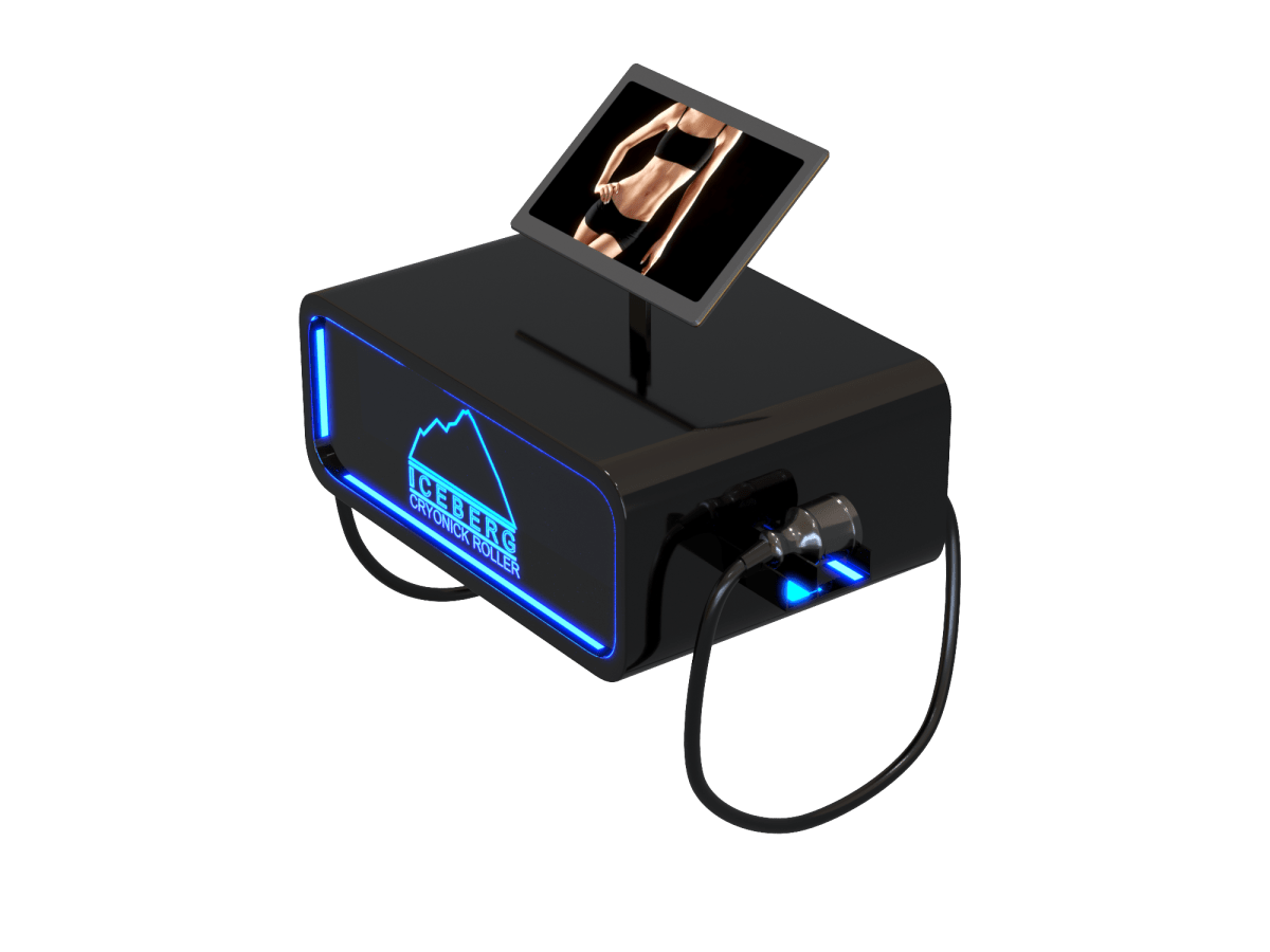 A sleek, black Iceberg Cryonick Roller cryotherapy machine featuring a digital screen displaying a human arm for demonstration. The device is illuminated with blue LED accents, showcasing its modern design and advanced functionality for muscle recovery and cold therapy applications.