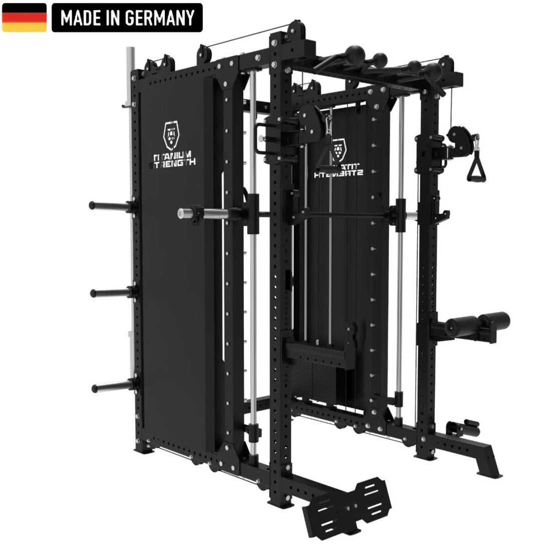 Multifunctional Smith Machine B500 PRO with Dual Pulley and Rack from Titanium Strength, featuring a robust black design, made in Germany. Ideal for professional strength training and versatile workout options