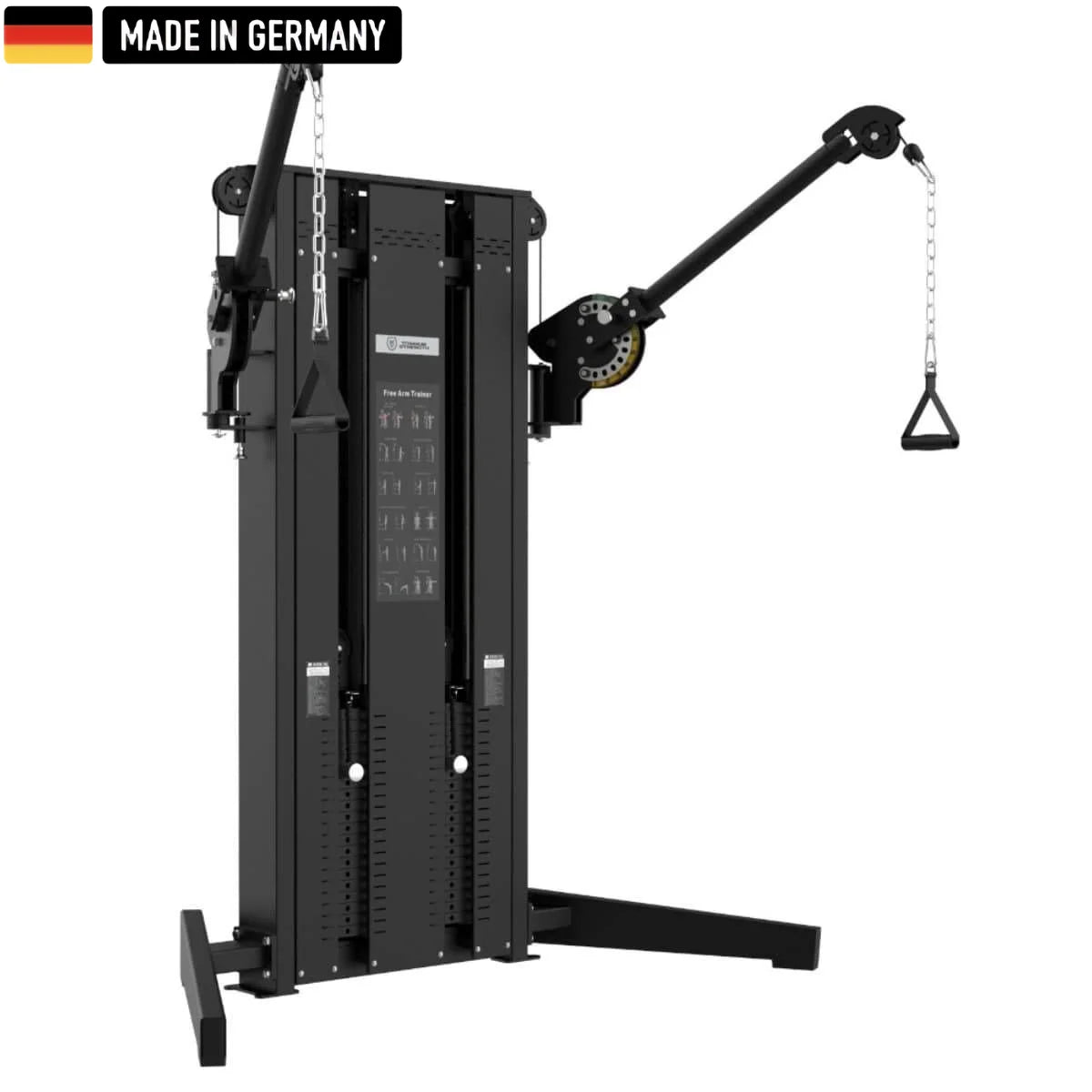 Free Arm Trainer from Titanium Strength Black Series, a professional-grade multifunctional fitness equipment featuring two adjustable arms with chain handles, compact design, and robust construction for commercial use