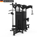 Multi-functional black gym machine with various attachments, including a cable pulley system, adjustable weight stacks, a seated row station, and a Smith machine bar. The equipment is labeled 