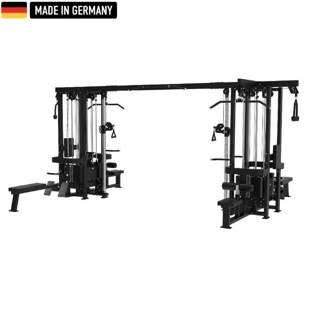 Front view of the Titanium Strength Elite Series Multi-Jungle 8 Station, showcasing its robust design, professional-grade construction, and multiple workout stations for effective and versatile strength training. Made in Germany