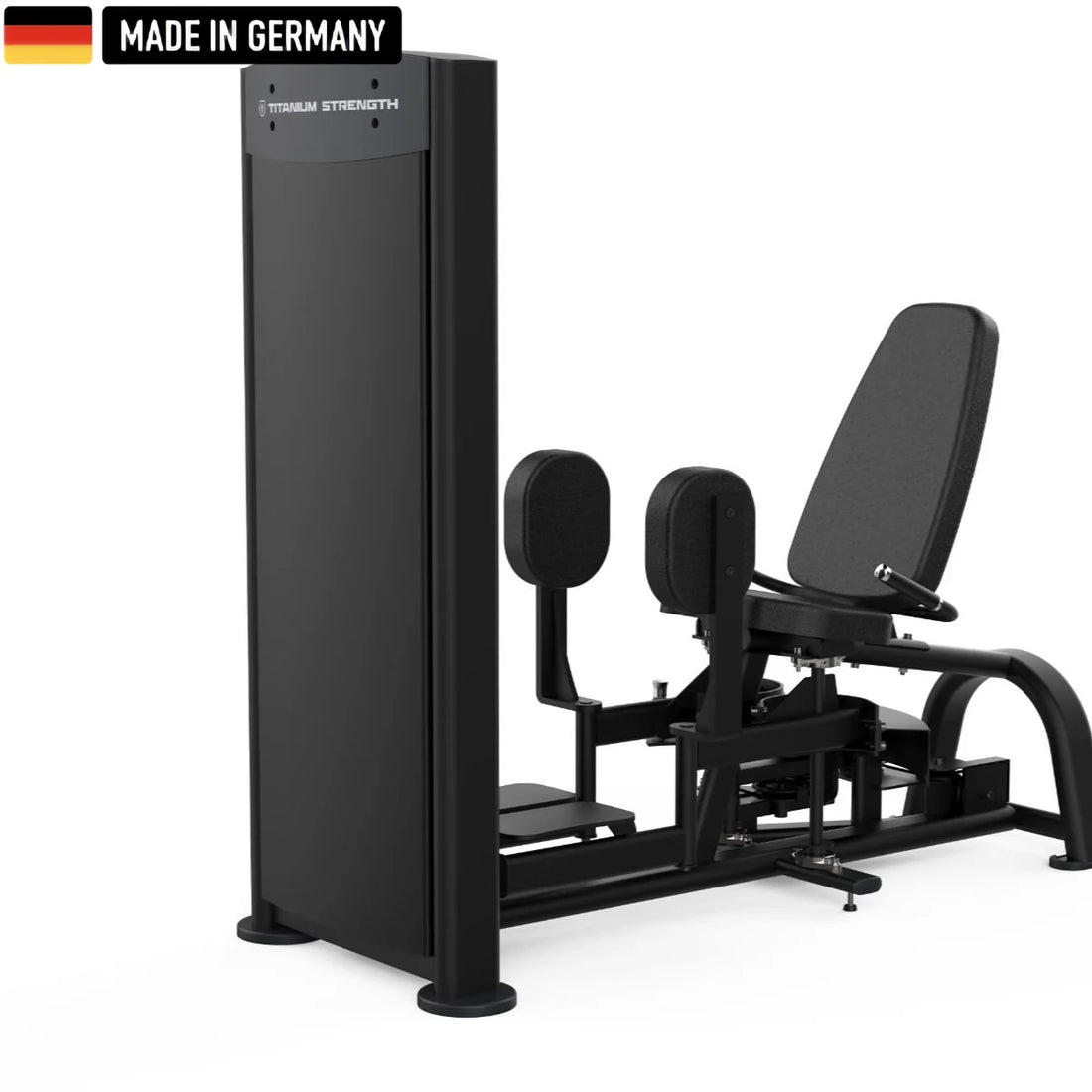 A leg exercise machine with padded seat and adjustable foot platform. Black design with "Made in Germany" label at the top left.