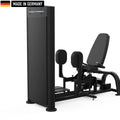 A leg exercise machine with padded seat and adjustable foot platform. Black design with 