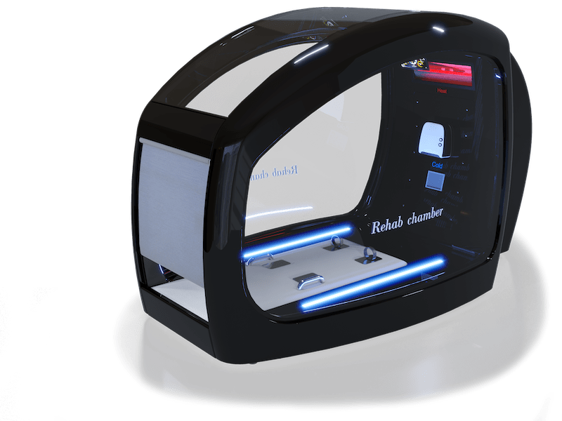 A sleek black rehabilitation chamber with a futuristic design, featuring a large curved glass front with "Rehab chamber" written on it. The interior is illuminated with blue LED lights, showcasing a modern and advanced setup ideal for therapeutic purposes.