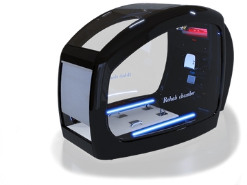 A sleek black rehabilitation chamber with a futuristic design, featuring a large curved glass front with "Rehab chamber" written on it. The interior is illuminated with blue LED lights, showcasing a modern and advanced setup ideal for therapeutic purposes.