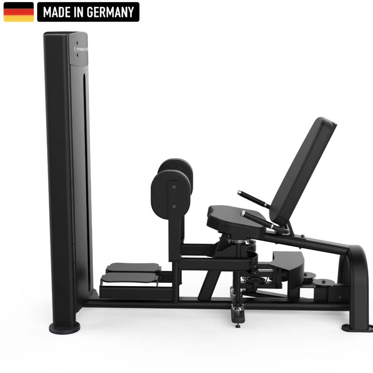 A leg exercise machine with padded seat and adjustable foot platform. Black design with "Made in Germany" label at the top left.