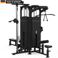 Multi-functional black gym machine with various attachments, including a cable pulley system, adjustable weight stacks, a seated row station, and a Smith machine bar. The equipment is labeled 