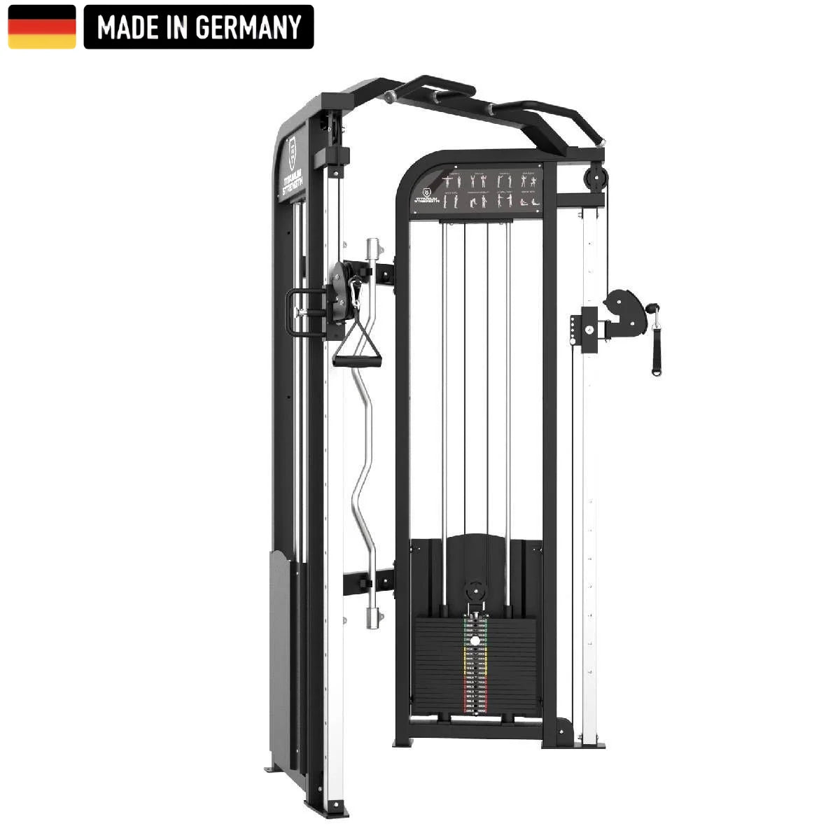 Functional Trainer Double Adjustable Pulley – Elite Series, ein professionelles Fitnessgerät mit robustem Design, verstellbaren Kabeln und Made in Germany Label.