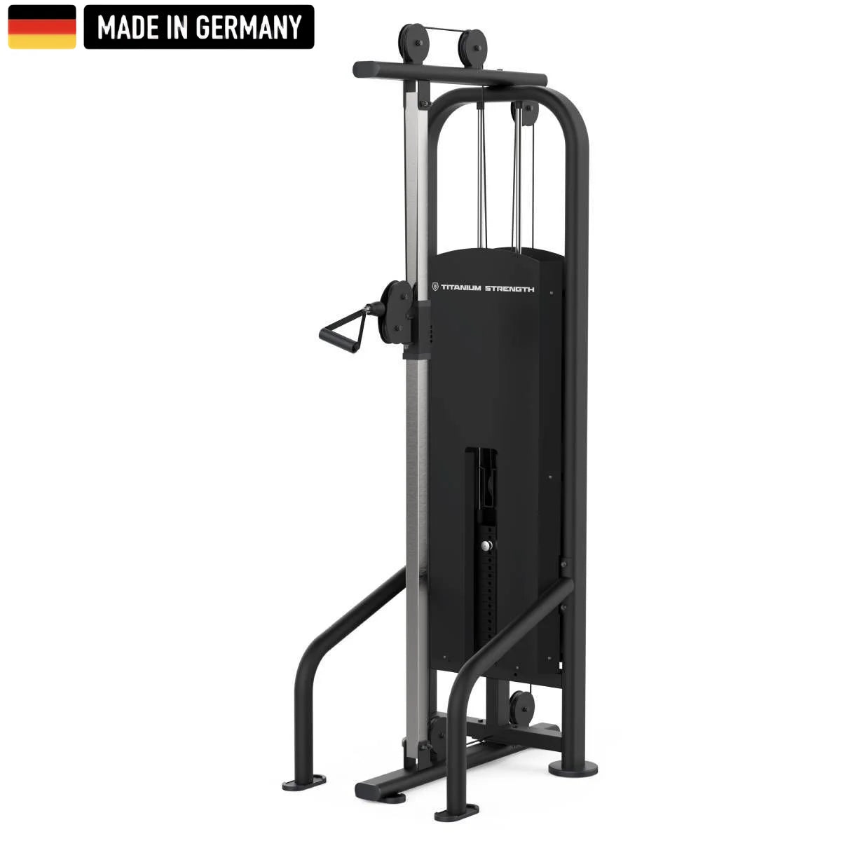 Side view of the Titanium Strength 2-Station Cable Crossover machine, showcasing its sleek black design, adjustable pulley system, and robust construction. A 'Made in Germany' badge is prominently displayed, emphasizing its high-quality craftsmanship