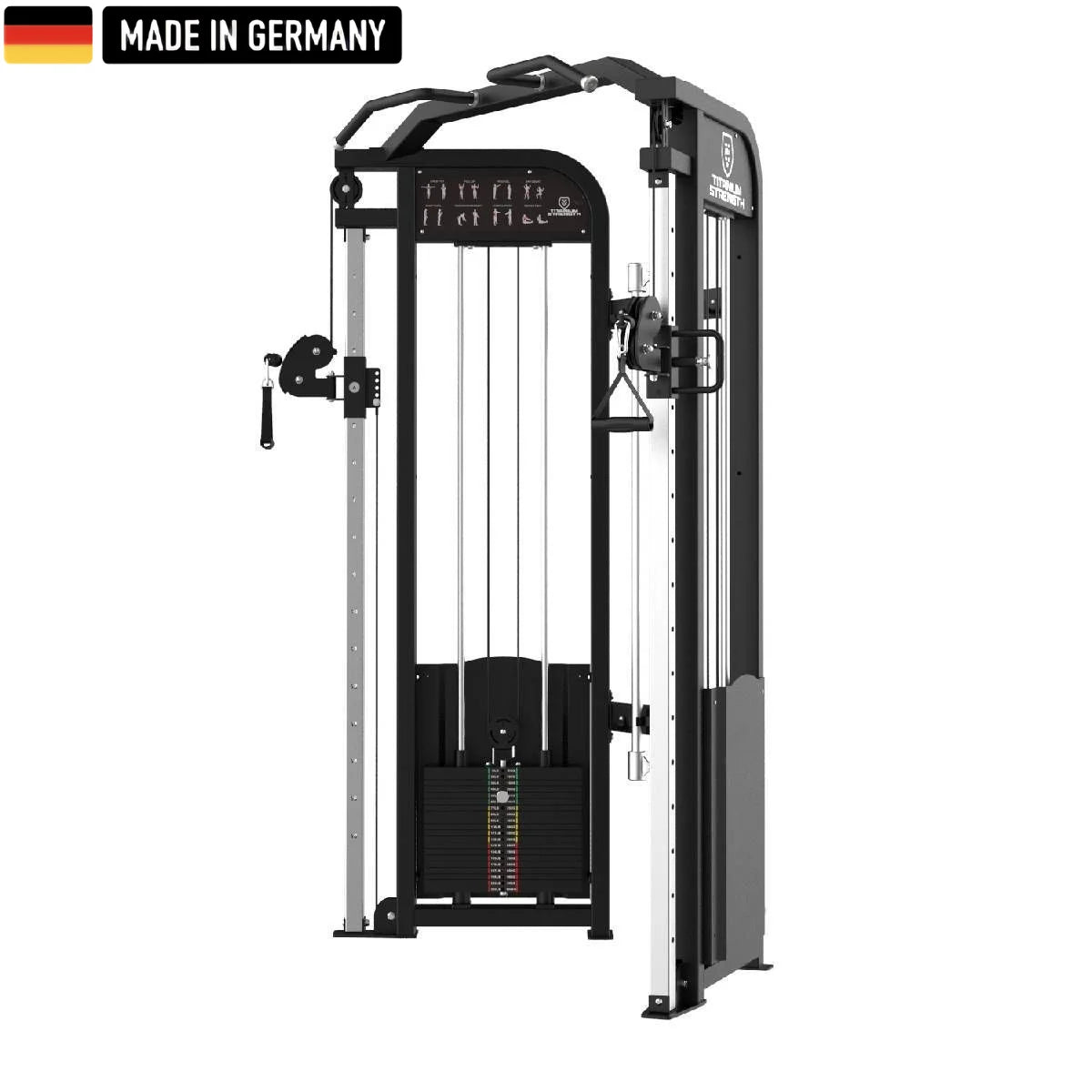 Functional Trainer Double Adjustable Pulley – Elite Series, ein professionelles Fitnessgerät mit robustem Design, verstellbaren Kabeln und Made in Germany Label.