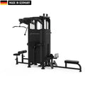 Multi-functional black gym machine with various attachments, including a cable pulley system, adjustable weight stacks, a seated row station, and a Smith machine bar. The equipment is labeled 