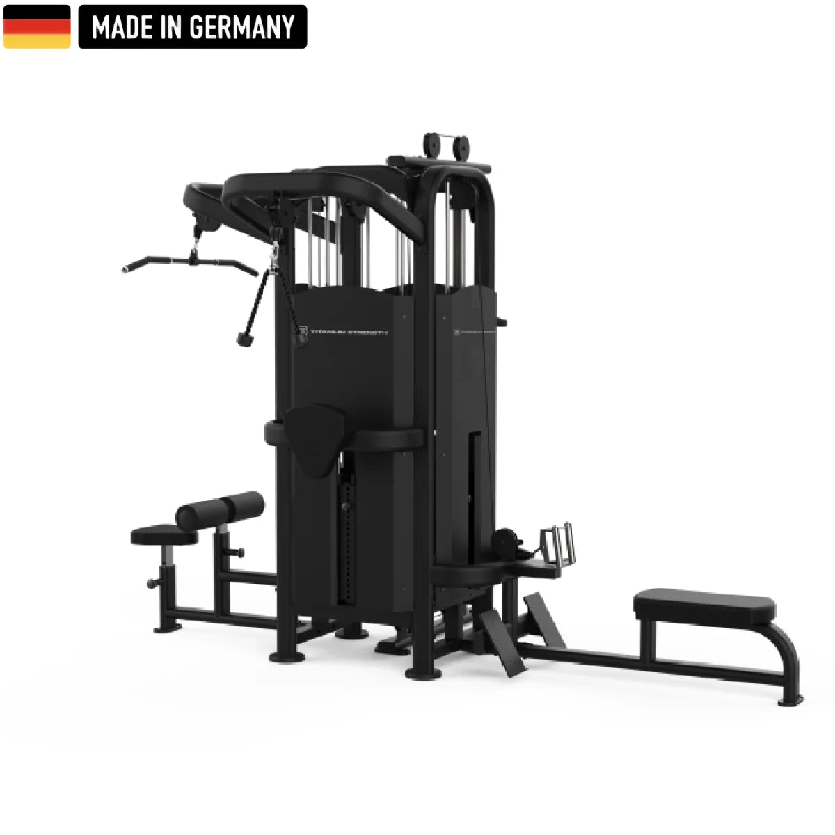 Multi-functional black gym machine with various attachments, including a cable pulley system, adjustable weight stacks, a seated row station, and a Smith machine bar. The equipment is labeled "Titanium Strength" and features a "Made in Germany" badge with the German flag in the top left corner.