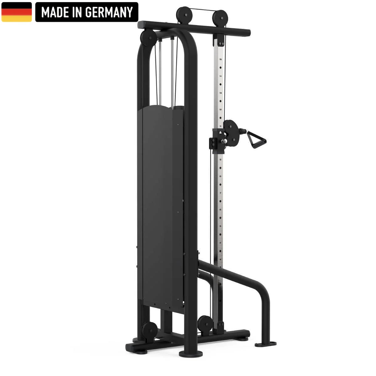 Side view of the Titanium Strength 2-Station Cable Crossover machine, showcasing its sleek black design, adjustable pulley system, and robust construction. A 'Made in Germany' badge is prominently displayed, emphasizing its high-quality craftsmanship