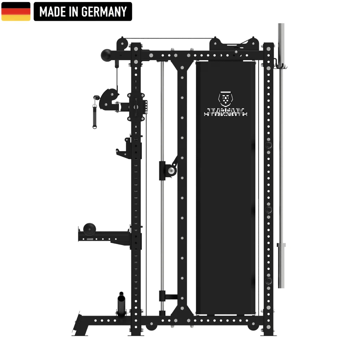 Multifunctional Smith Machine B500 PRO with Dual Pulley and Rack from Titanium Strength, featuring a robust black design, made in Germany. Ideal for professional strength training and versatile workout options