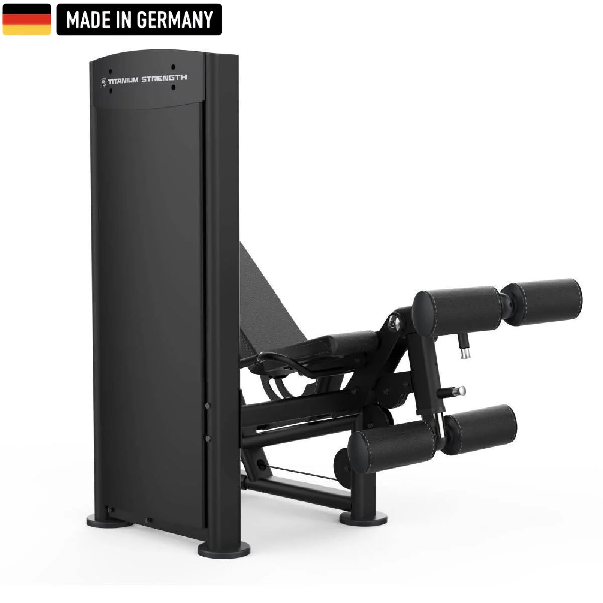 A sleek, black Titanium Strength gym machine with padded leg supports and adjustable features, labeled "Made in Germany."