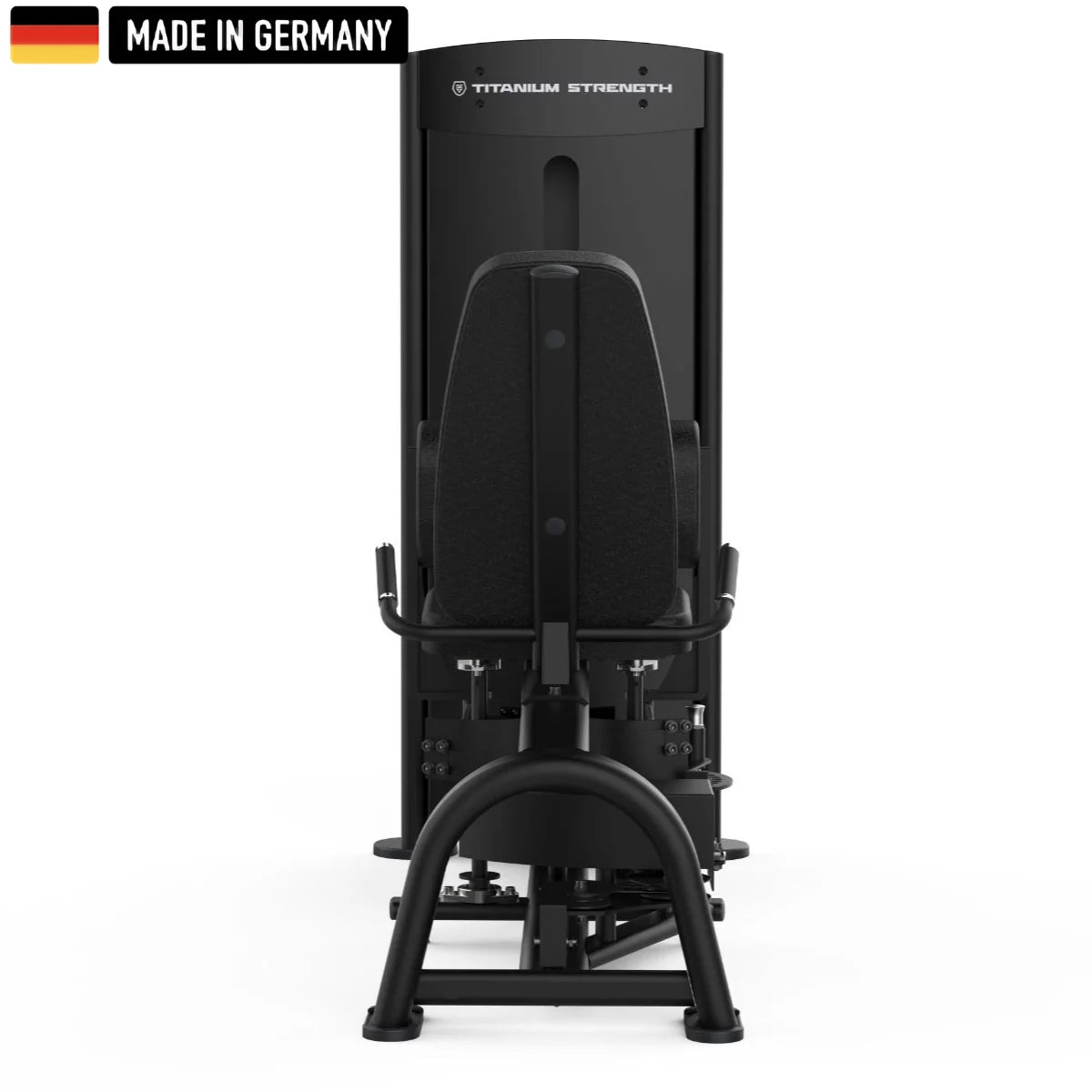 A leg exercise machine with padded seat and adjustable foot platform. Black design with "Made in Germany" label at the top left.