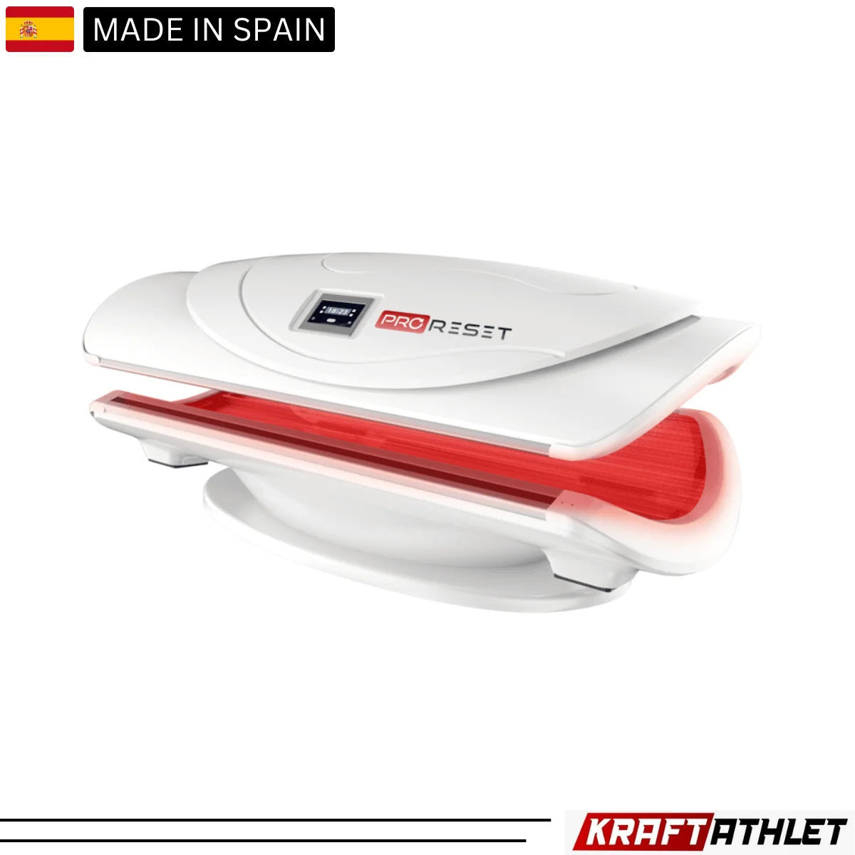 "ProReset AuraLight full body red light therapy bed with LCD touch controls and high-performance LEDs."​

