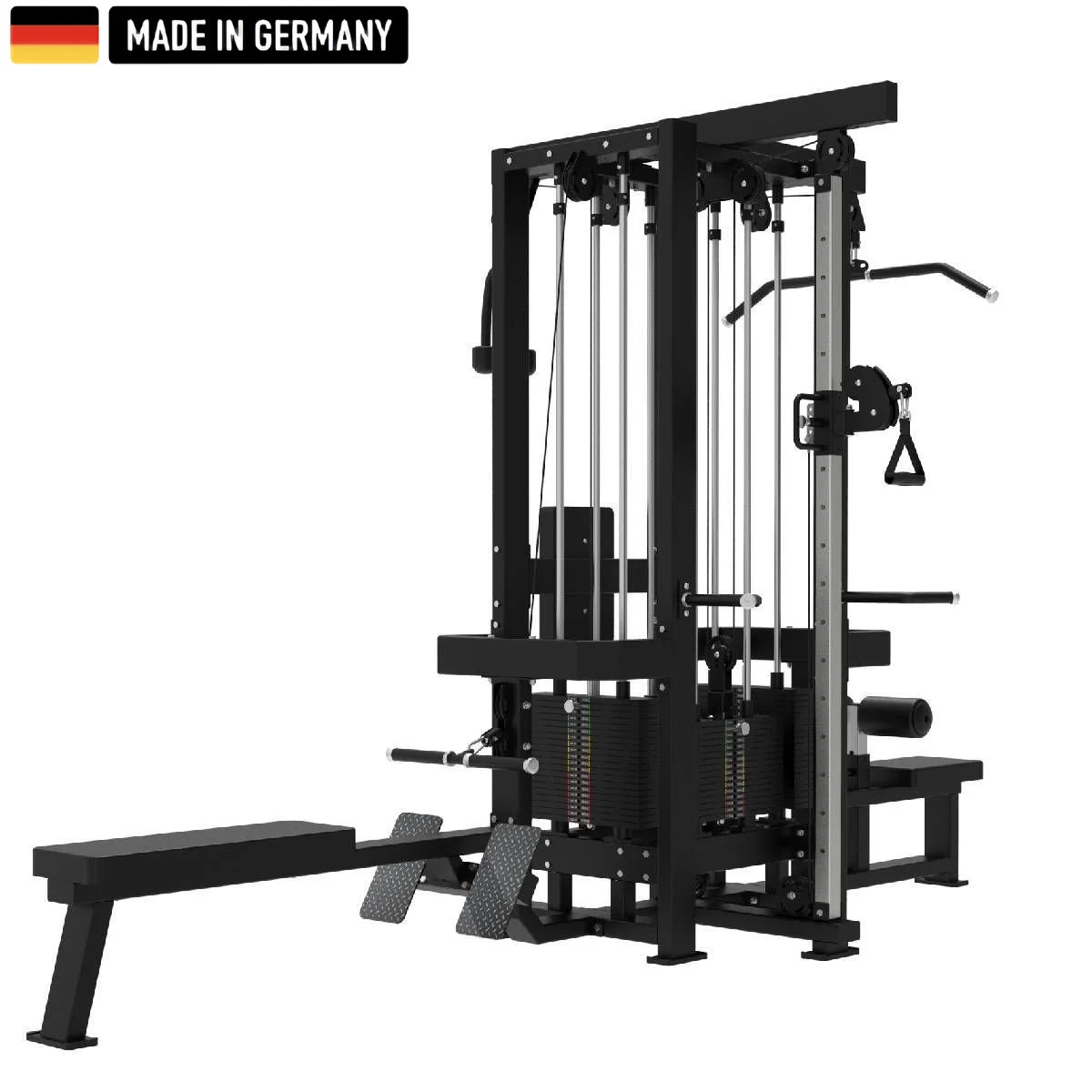 Multifunktionsgerät – 4 Stationen von Titanium Strength, ein platzsparendes Fitnessgerät mit robustem Design, verstellbaren Seilzügen und Made in Germany Label