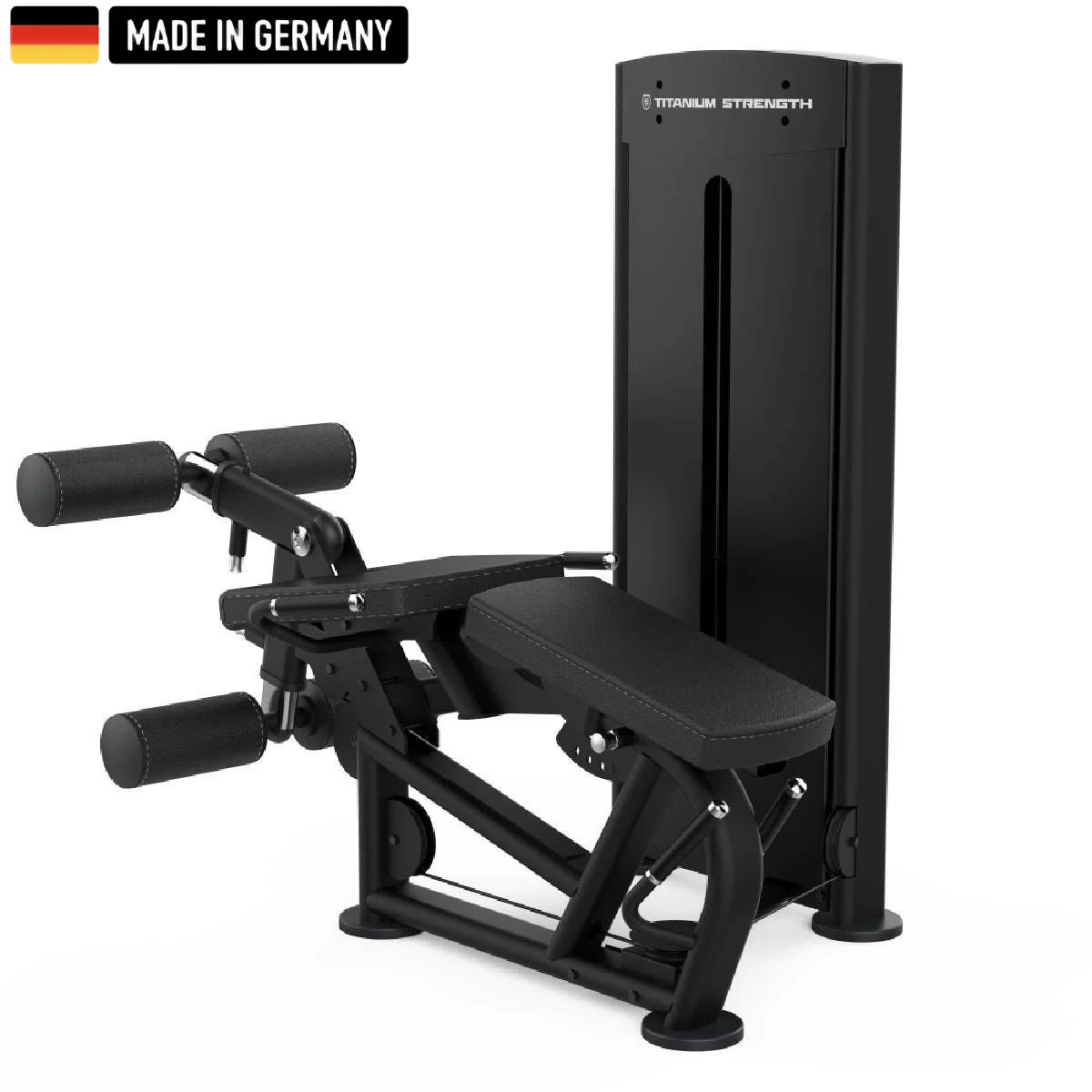 A sleek, black Titanium Strength gym machine with padded leg supports and adjustable features, labeled "Made in Germany."