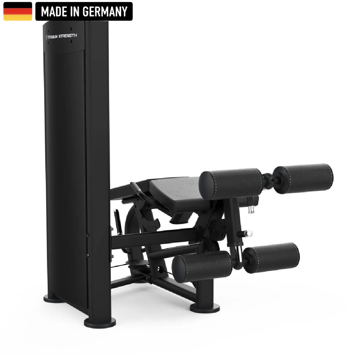 A sleek, black Titanium Strength gym machine with padded leg supports and adjustable features, labeled "Made in Germany."