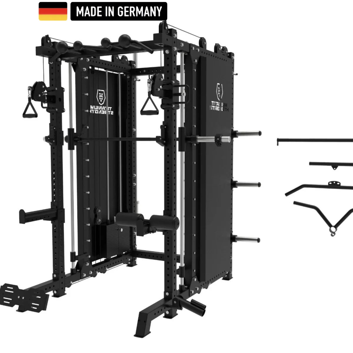 Multifunctional Smith Machine B500 PRO with Dual Pulley and Rack from Titanium Strength, featuring a robust black design, made in Germany. Ideal for professional strength training and versatile workout options