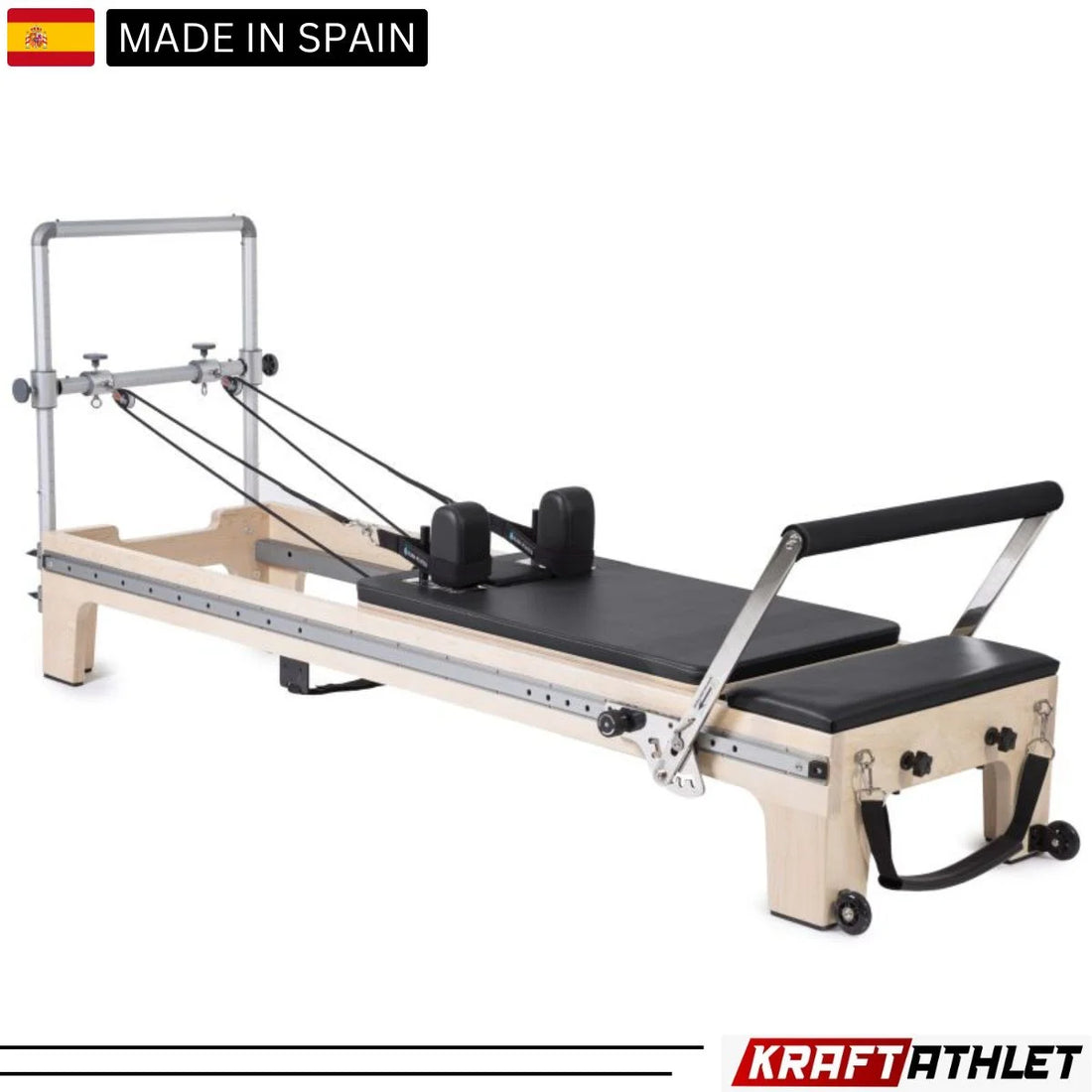 Elina Pilates Master Instructor Reformer with Tower – modern Pilates equipment with a wooden frame and integrated tower for versatile exercises.
