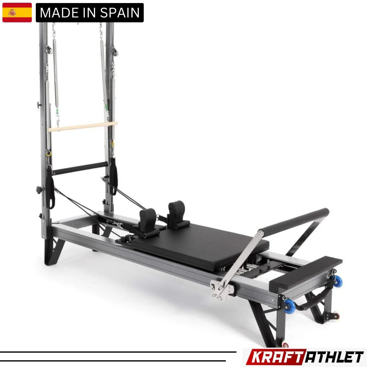 Elina Pilates Aluminum Reformer HL3 with Tower – modern Pilates device made of aluminum with integrated tower and adjustable components.
