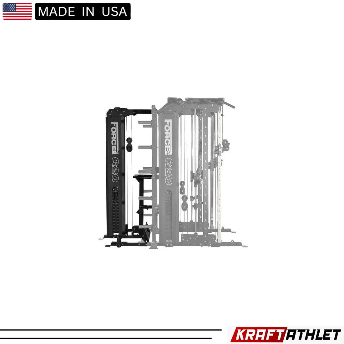 Force USA G20 Lat Pulldown and Low Row Station attached to the G20 All-In-One Trainer.

