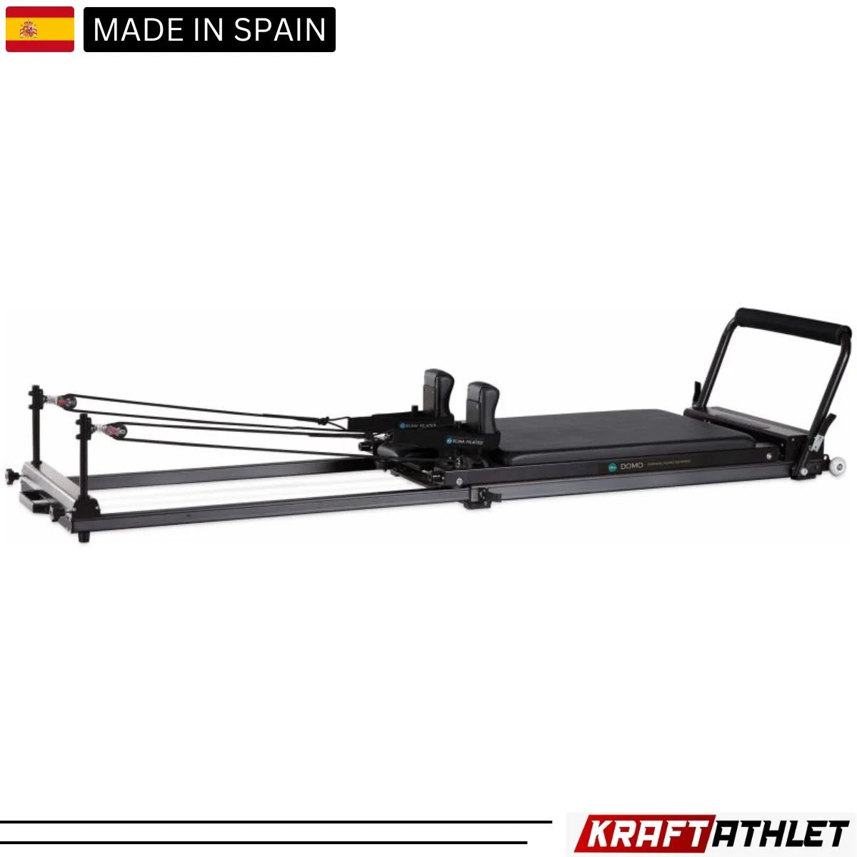 Elina Pilates Domo Reformer – compact, foldable Pilates reformer made of aluminum with adjustable footboard and transport wheels.
