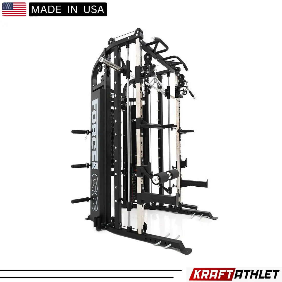 Force USA G6 All-In-One Trainer featuring power rack, Smith machine, and dual weight stacks.