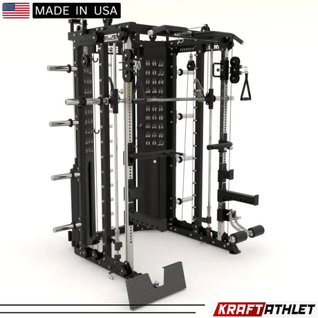 Force USA| G-Series G15® Compact All-In-One Trainer – Smith Machine, Rack + Double Pulley (Kabelverhältnis 2:1 und 4:1) + 260 kg Gewichtsscheiben enthalten – Kompakte Version Force USA