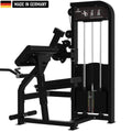 A black biceps and triceps workout machine with weight stack, labeled 