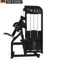 A black biceps and triceps workout machine with weight stack, labeled 