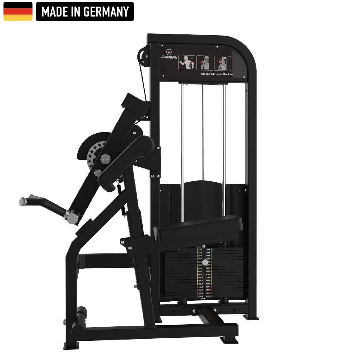 A black biceps and triceps workout machine with weight stack, labeled "Made in Germany" in the top left corner.